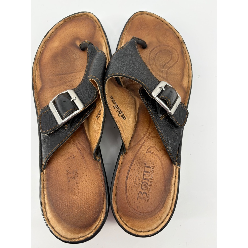 Born Sandal Womens 10 Black Leather Thong Buckle Wedge Comfort Handcrafted